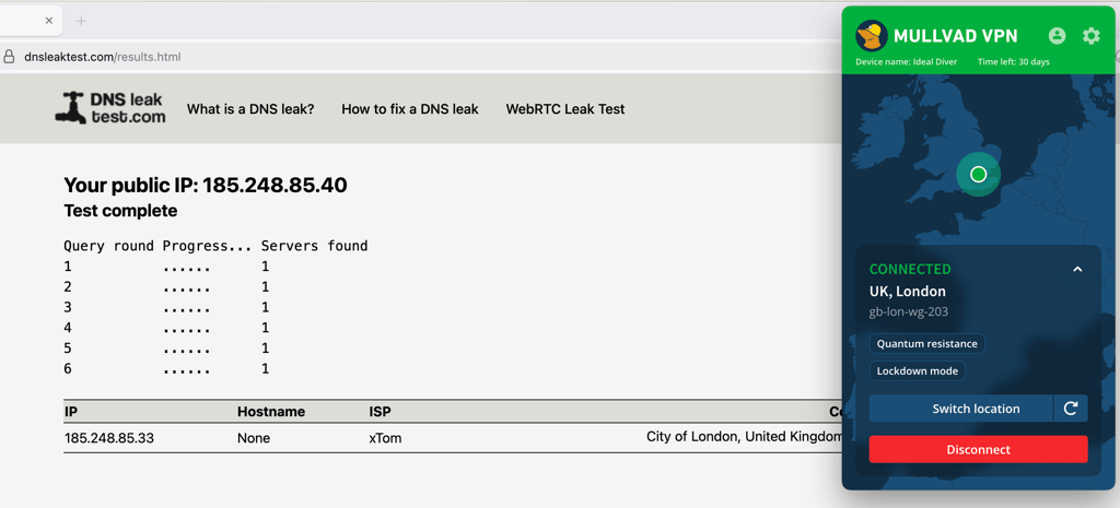 Mullvad DNS leak test results
