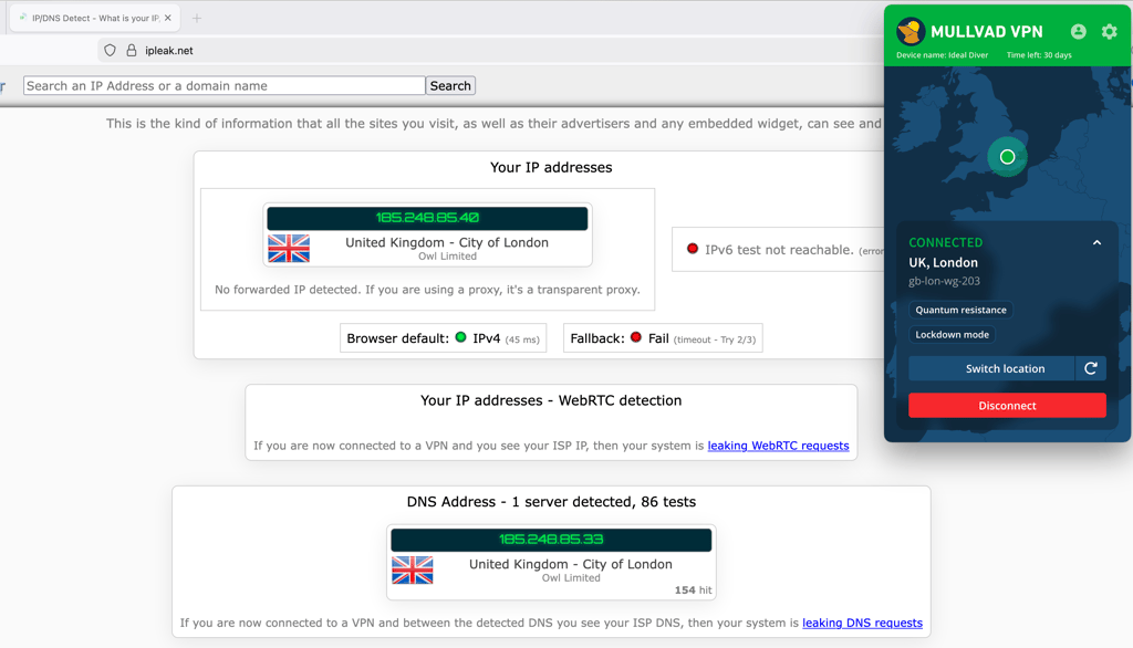 Mullvad VPN IP leak test results