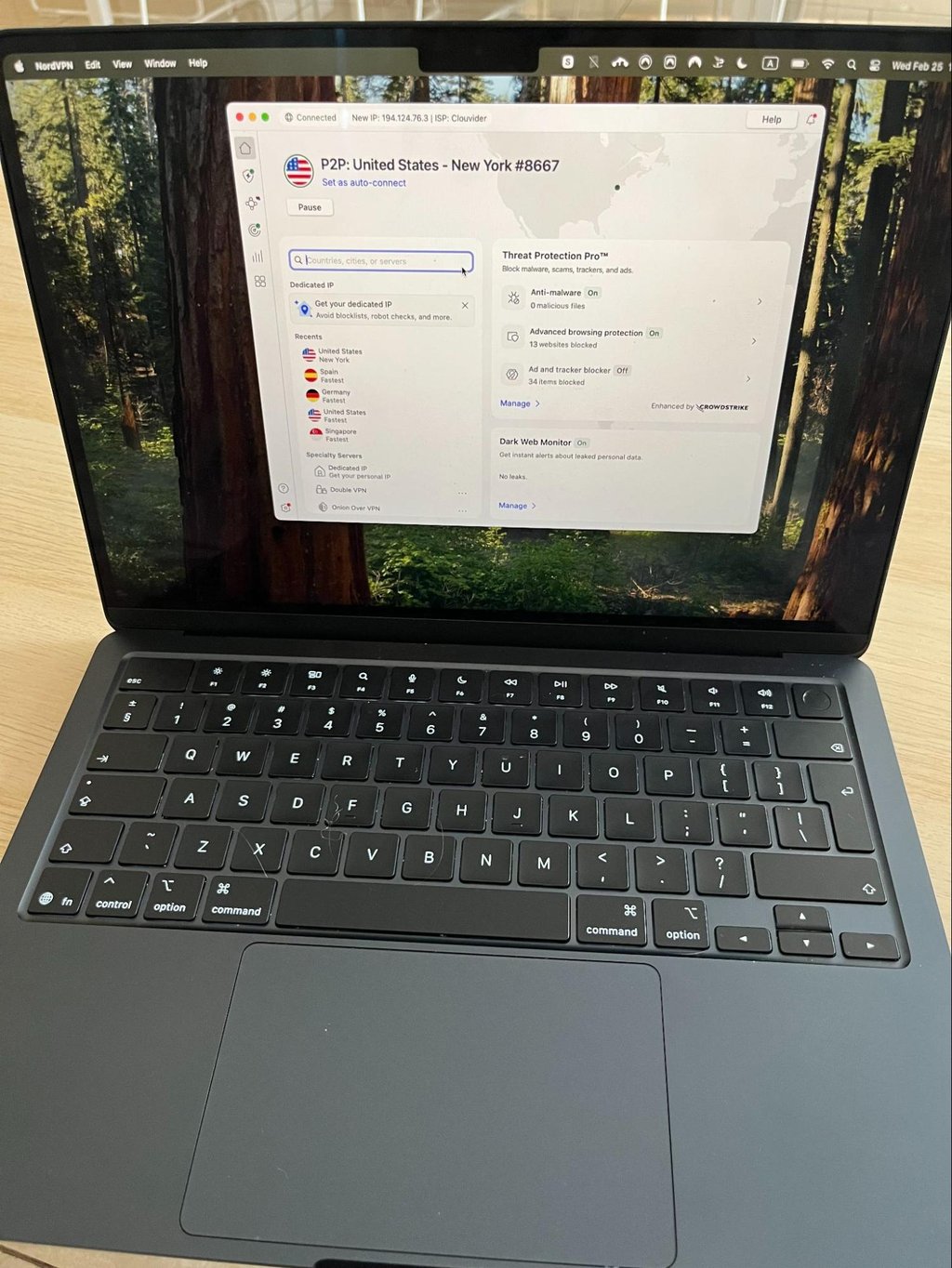 NordVPN connected to New York server