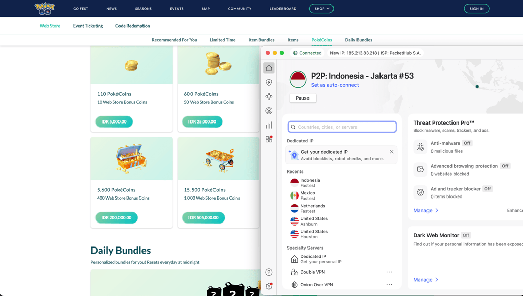NordVPN connected to Indonesia for cheaper PokeCoins