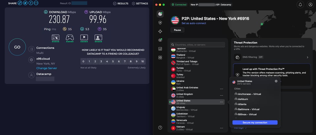 NordVPN speed test results while connected to a US New York server