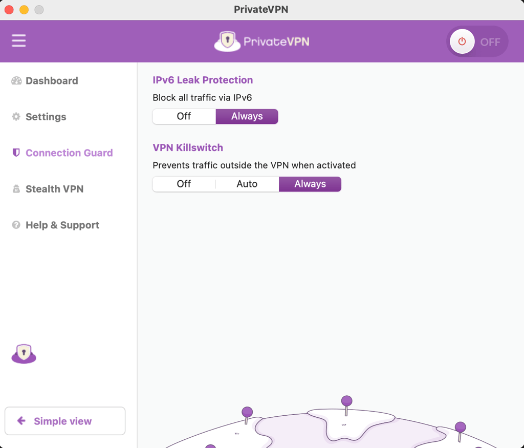 PrivateVPN kill switch settings interface