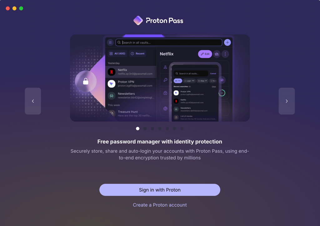 Proton Pass account log-in prompt