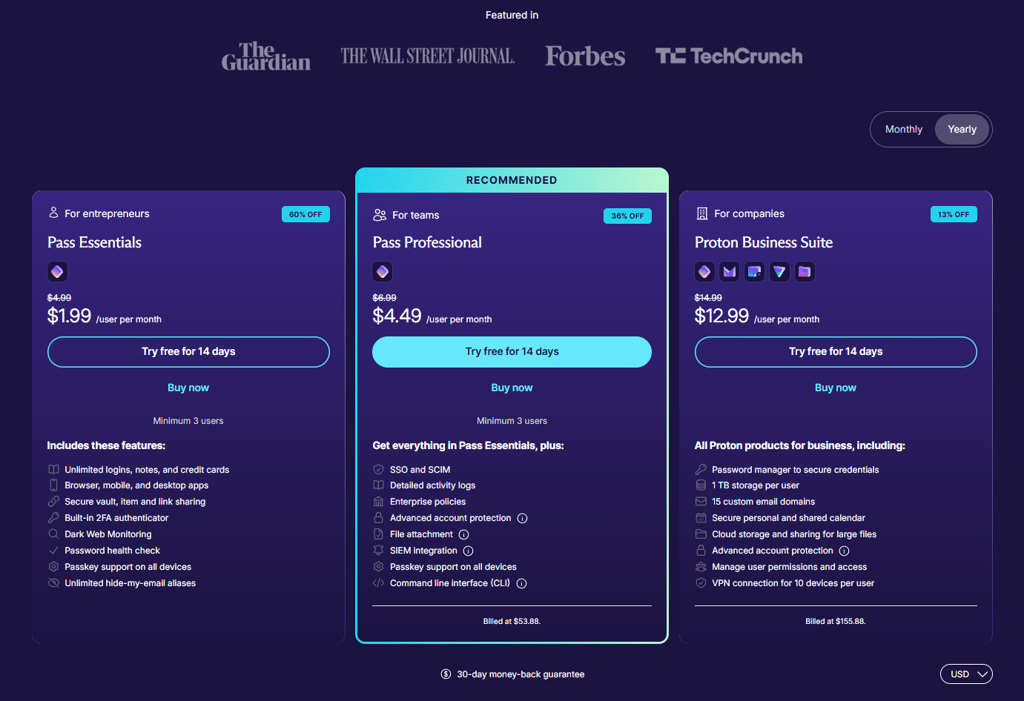 Proton Pass business pricing web page view