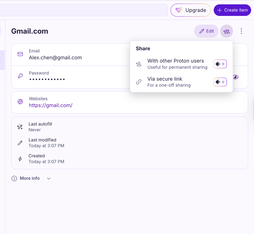 Proton Pass password sharing app view