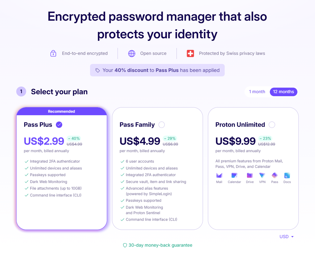 Proton Pass pricing web page view