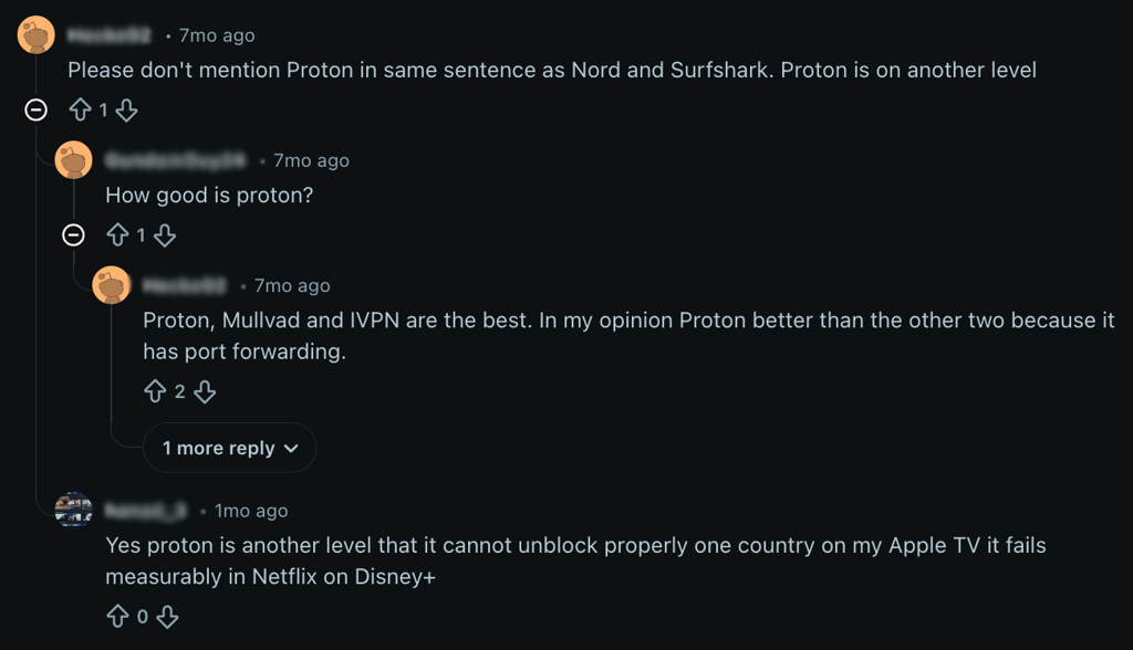 Reddit's opinions on Proton VPN vs NordVPN and Surfshark