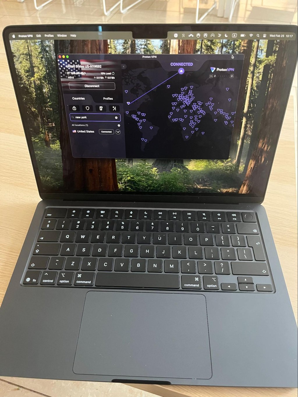 Proton VPN connected to a New York server