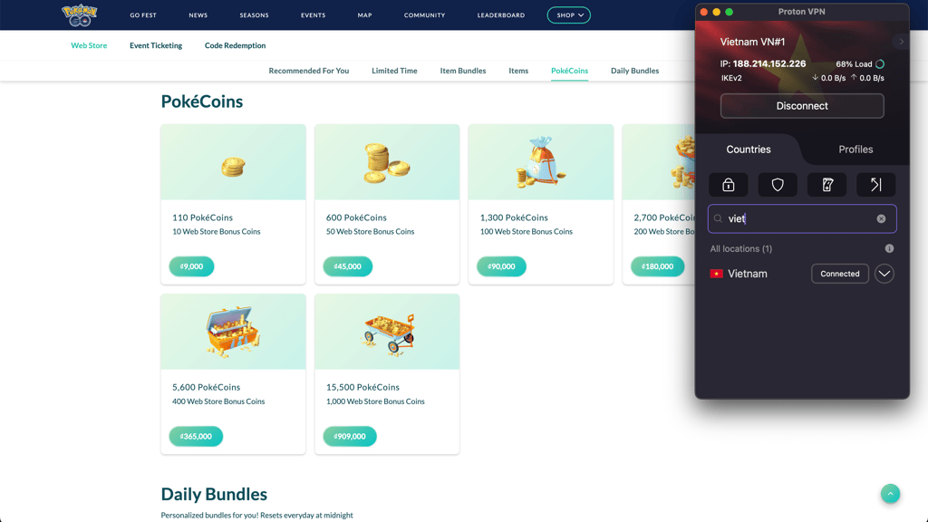 Proton VPN connected to Vietnam for cheaper PokeCoins