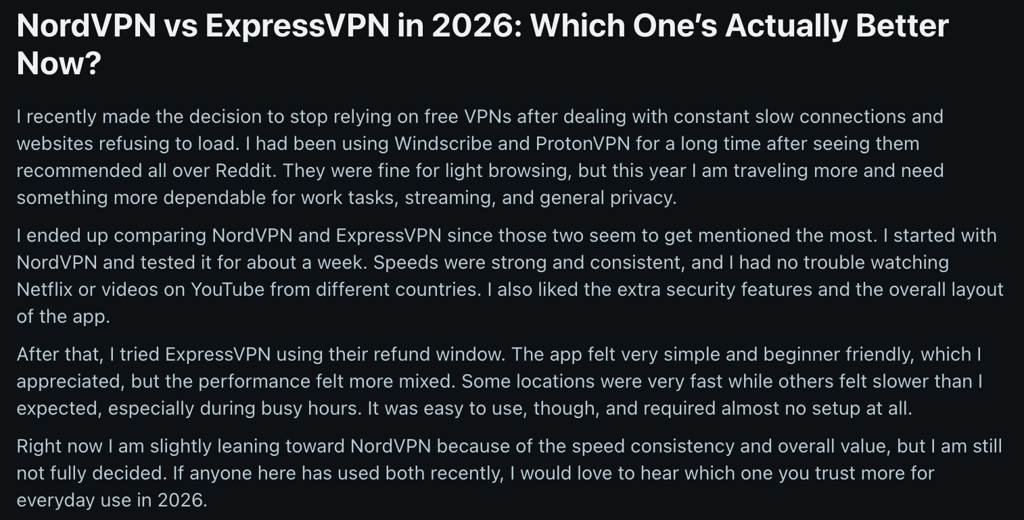 Reddit comments about NordVPN and ExpressVPN: pros and cons