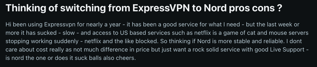 Reddit comments about NordVPN and ExpressVPN: pros and cons