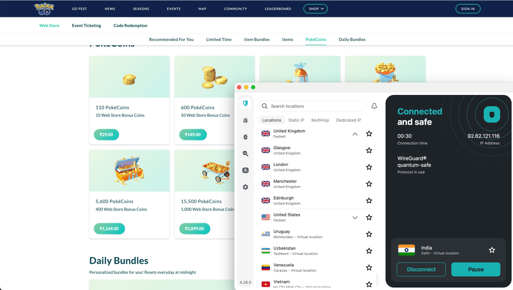 Surfshark connected to India for cheaper PokeCoins
