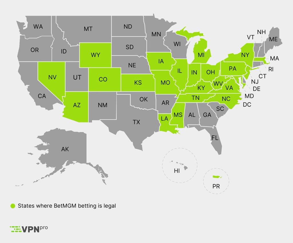 Map of US states indicating where BetMGM is legal