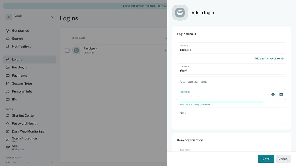 Dashlane app logins section