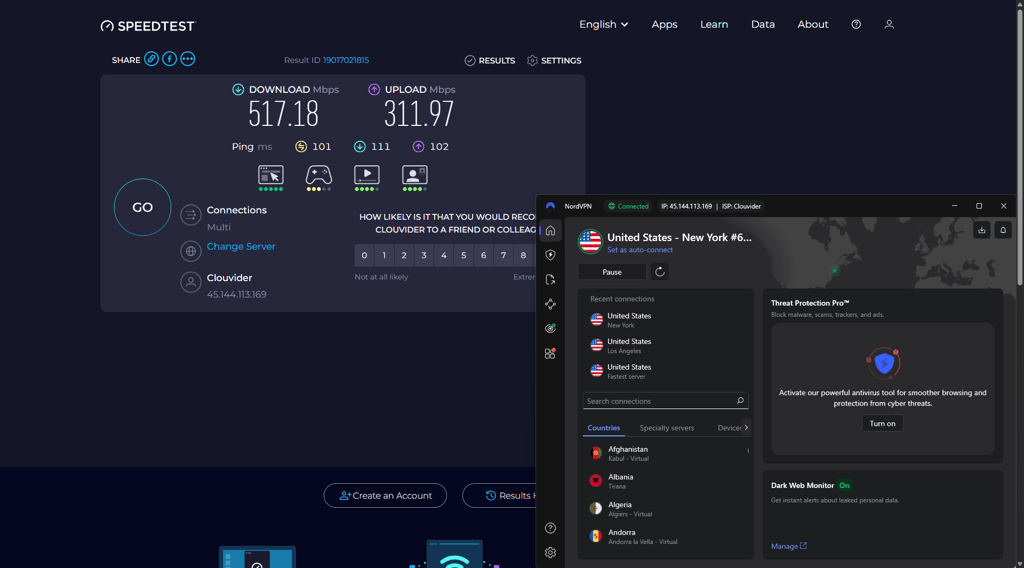 NordVPN speed test results