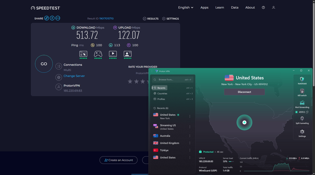 Proton VPN speed test results