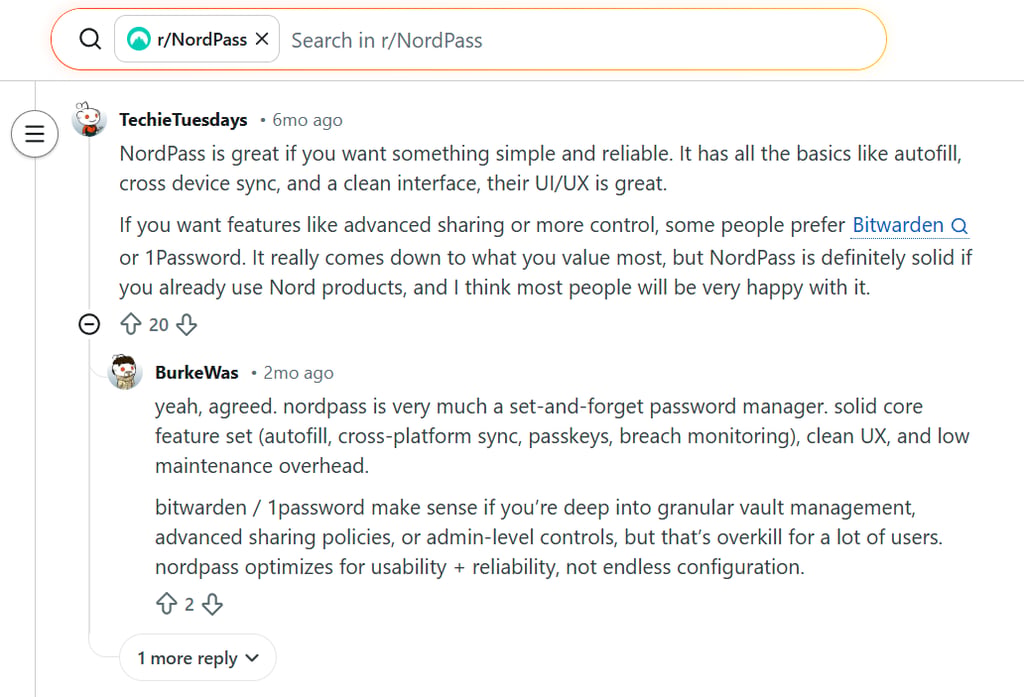 Reddit NordPass and 1Password comparison