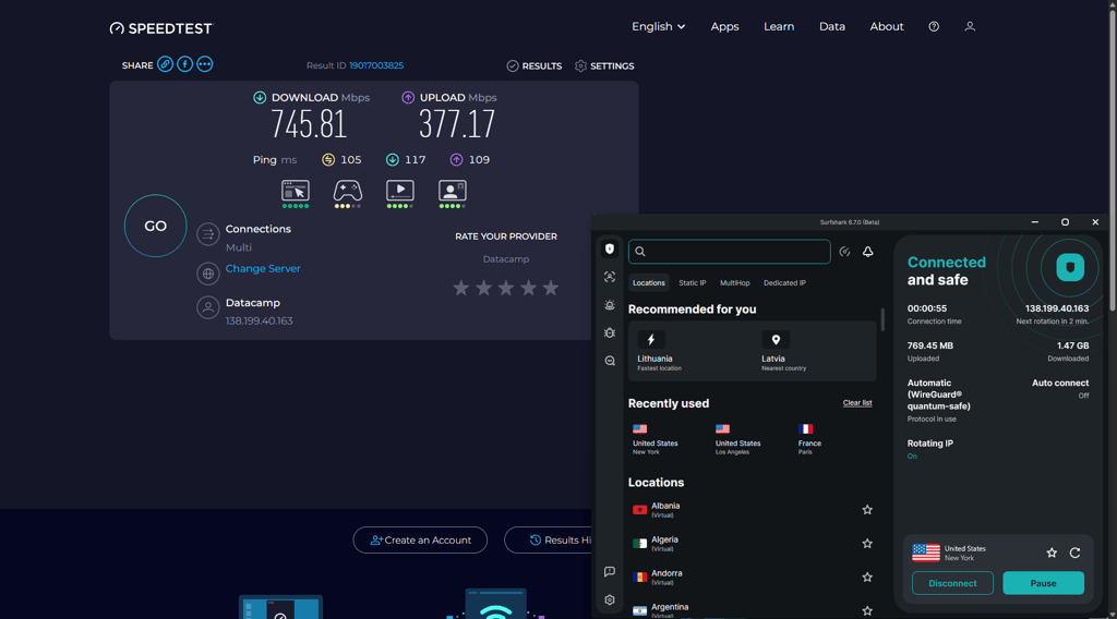Surfshark speed test results