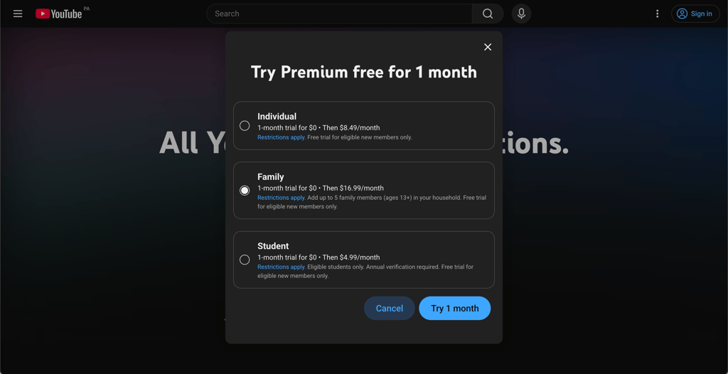 YouTube Premium at almost half the US price with a VPN connected