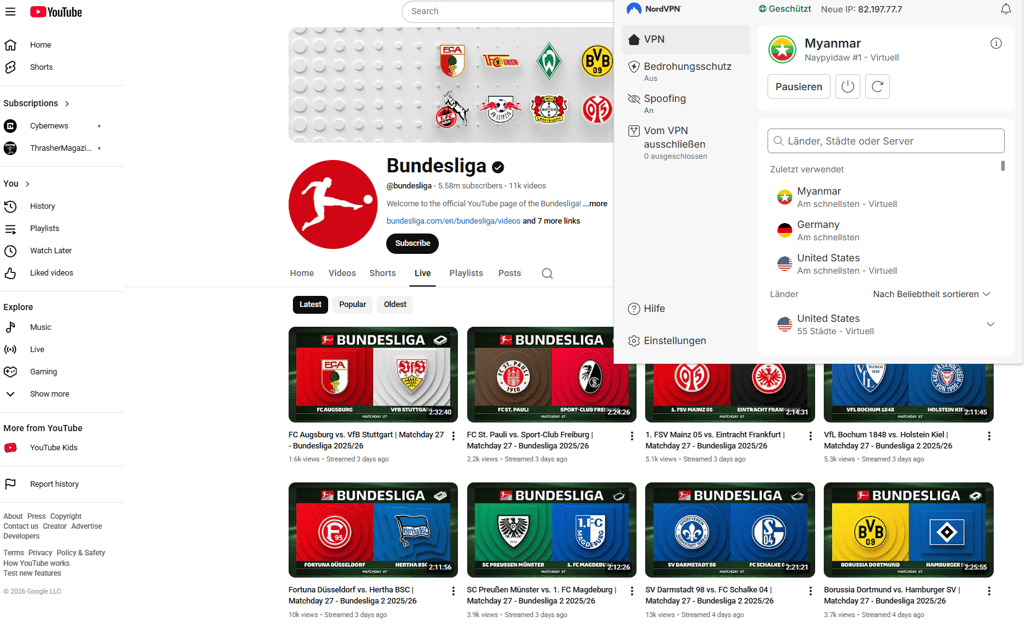 Bundesliga YouTube-Kanal in Deutschland mit NordVPN