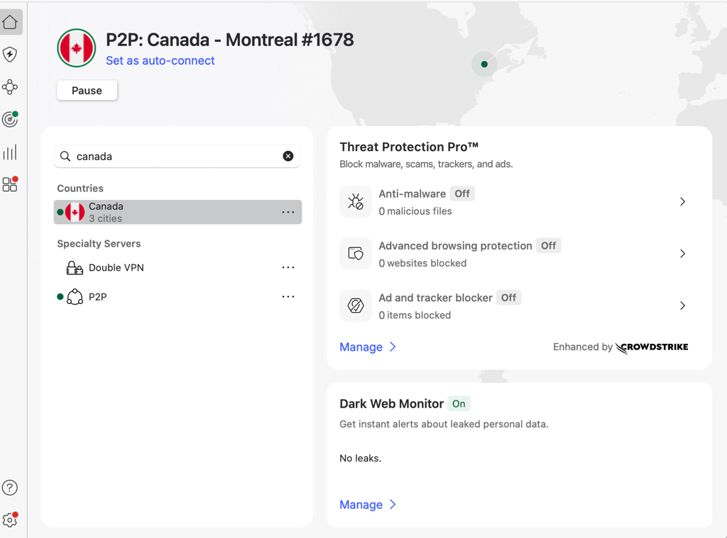 NordVPN connected to Montreal, Canada