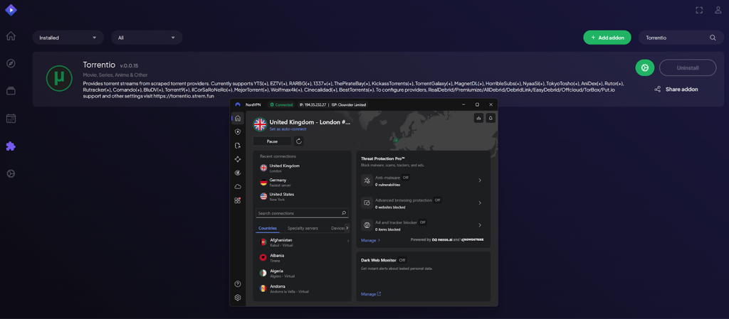 Using NordVPN for secure streaming on Stremio's Torrentio add-on