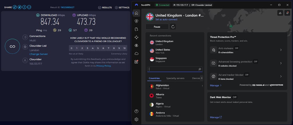 NordVPN's speed test results with Stremio