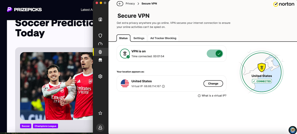 Accessing PrizePicks for soccer games using Norton VPN