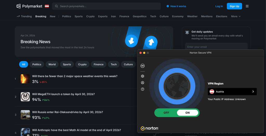Polymarket Zugang über Norton VPN-Server in Österreich