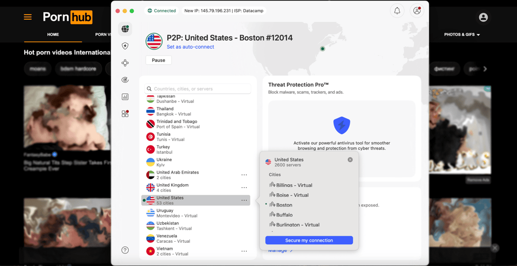 Pornhub unblocked with NordVPN in North Dakota