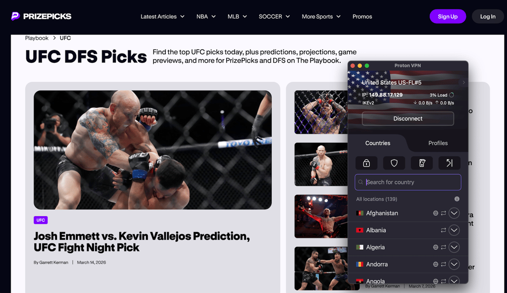 Accessing a UFC fight on PrizePicks with Proton VPN
