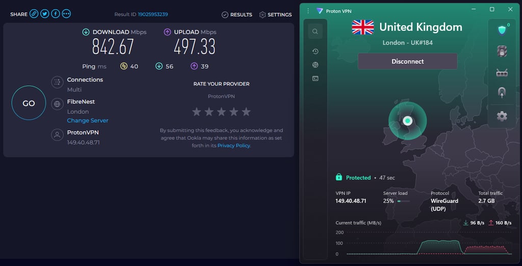 Proton VPN's impressive speed test results on Stremio