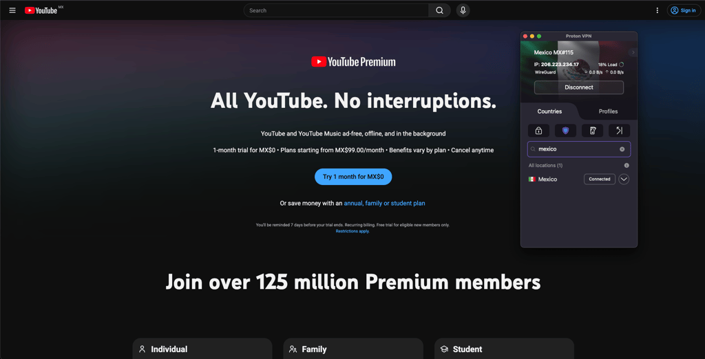 Unblocking cheaper YouTube Premium pricing in Mexico with Proton VPN