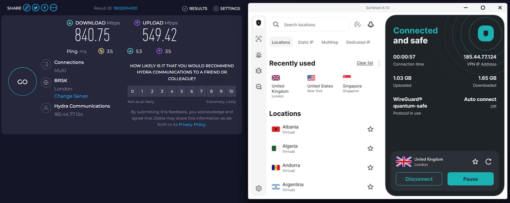 Surfshark's speeds while using Stremio to stream