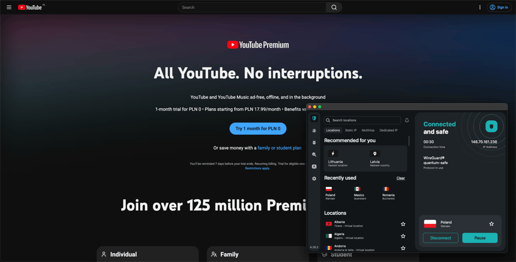 Accessing cheaper YouTube Premium plans in Poland with Surfshark