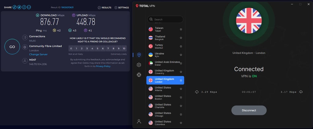 Total VPN's speed test results on Stremio