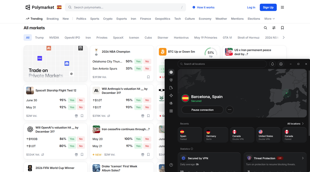 Polymarket unblocked via NordVPN's Spain server