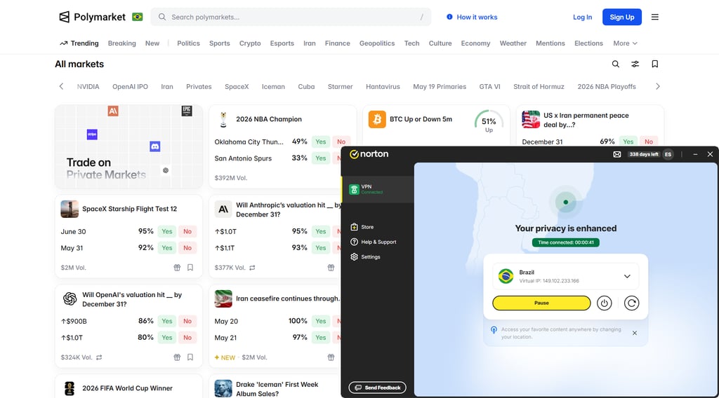 Polymarket unblocked via Norton VPN's Brazil server