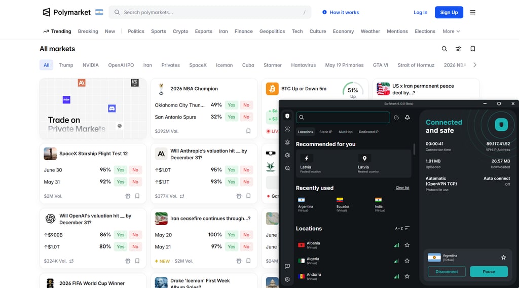 Polymarket unblocked via Surfshark's Argentina server