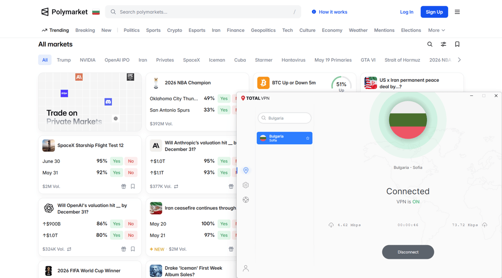 Polymarket unblocked via TotalVPN's Bulgaria server