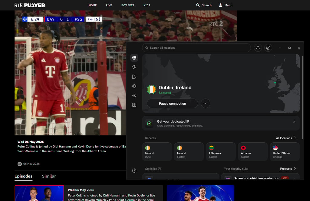 NordVPN connected to Dublin for RTÉ Player UEFA stream