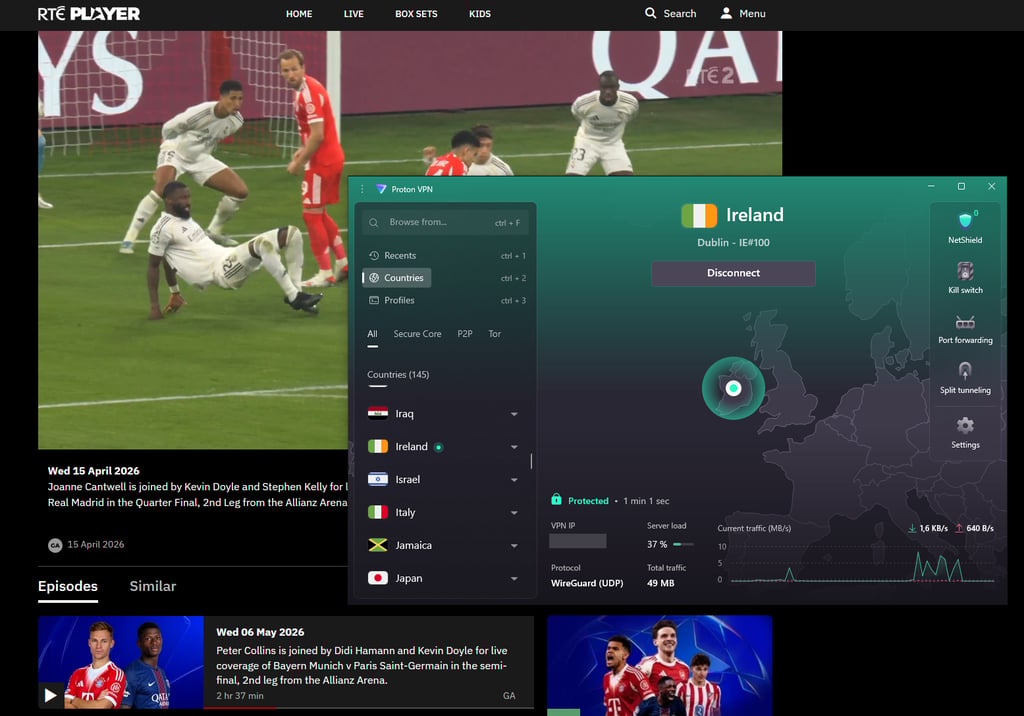 RTÉ Player UEFA coverage with Proton VPN Ireland connection