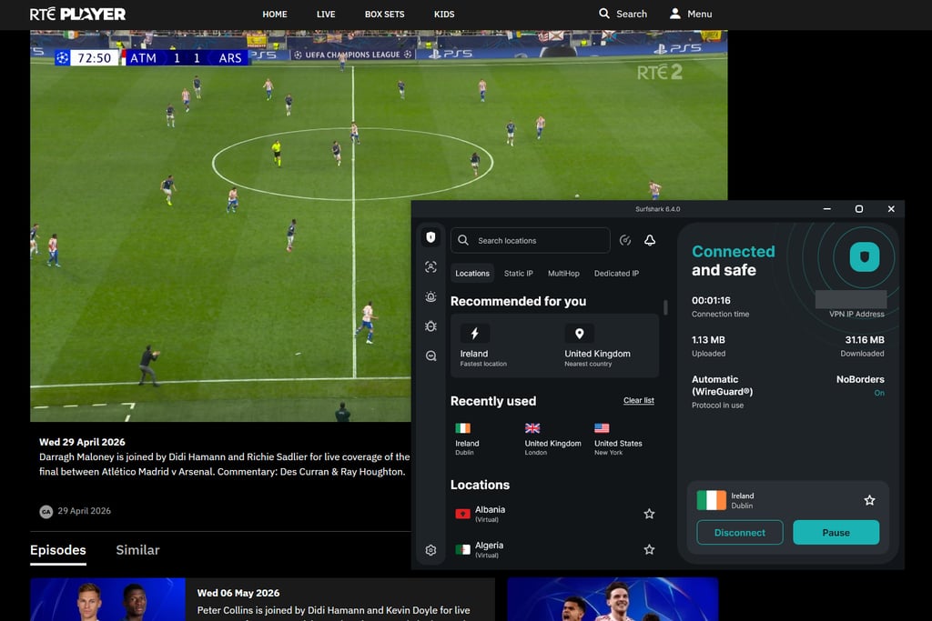 Surfshark connected to an Ireland server while streaming UEFA on RTÉ Player