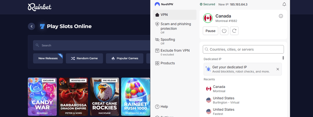 NordVPN unblocked Rainbet with servers in Canada