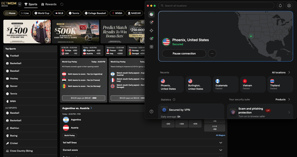 BetMGM accessed with NordVPN Arizona server
