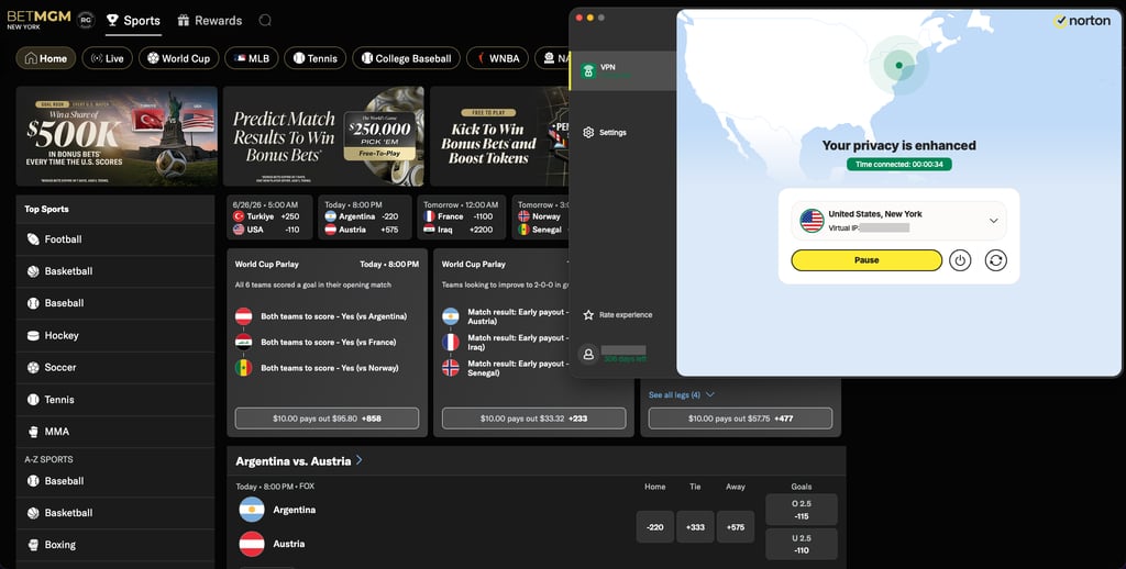 BetMGM accessed with Norton VPN New York server