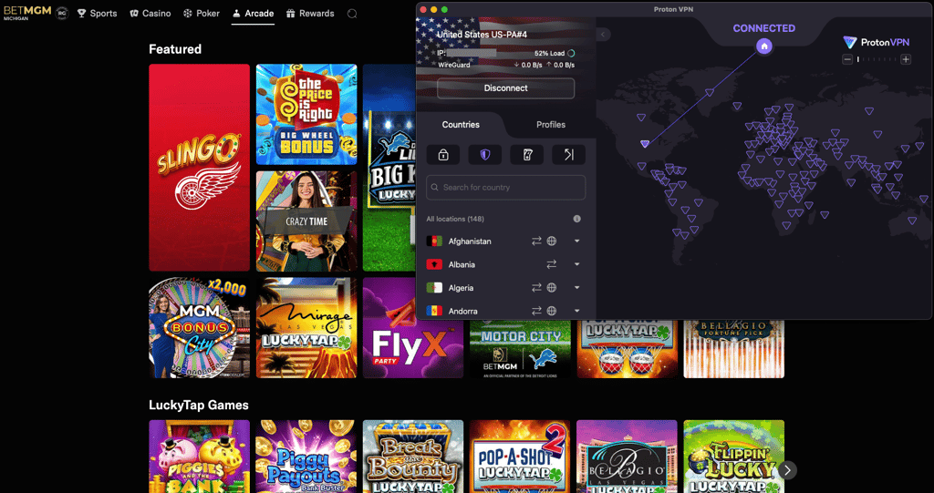 BetMGM accessed with Proton VPN Pennsylvania server