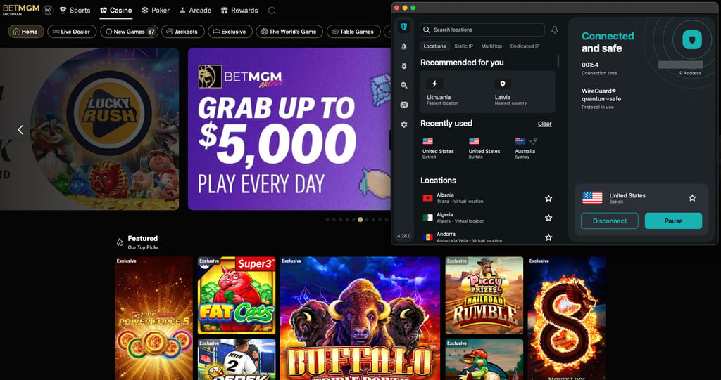 BetMGM accessed with Surfshark Detroit server