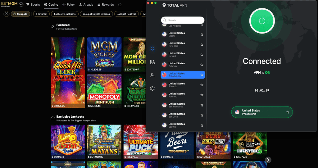 BetMGM accessed with TotalVPN Philadelphia server