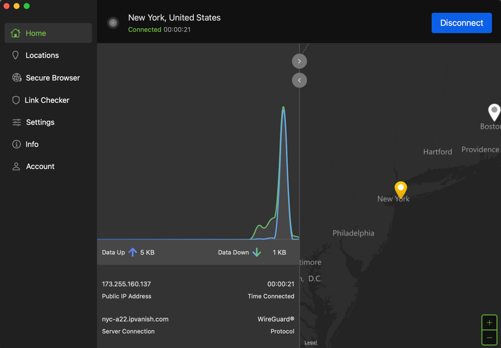 IPVanish connected to the New York server.